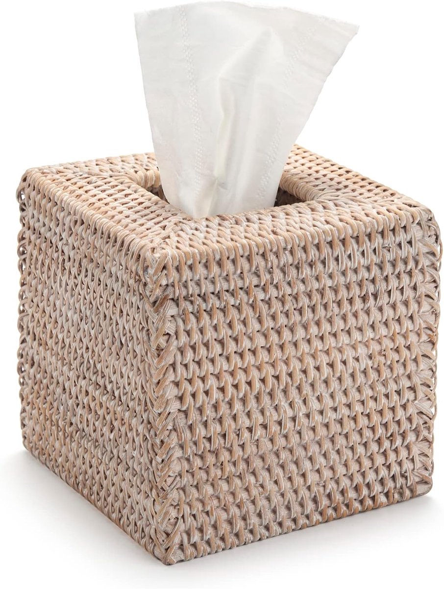 Rattan opbergdoos vierkant 14 x 14 x 15 cm - natuurlijk rattan - open bodem - ideaal voor tissue - ShopVlot