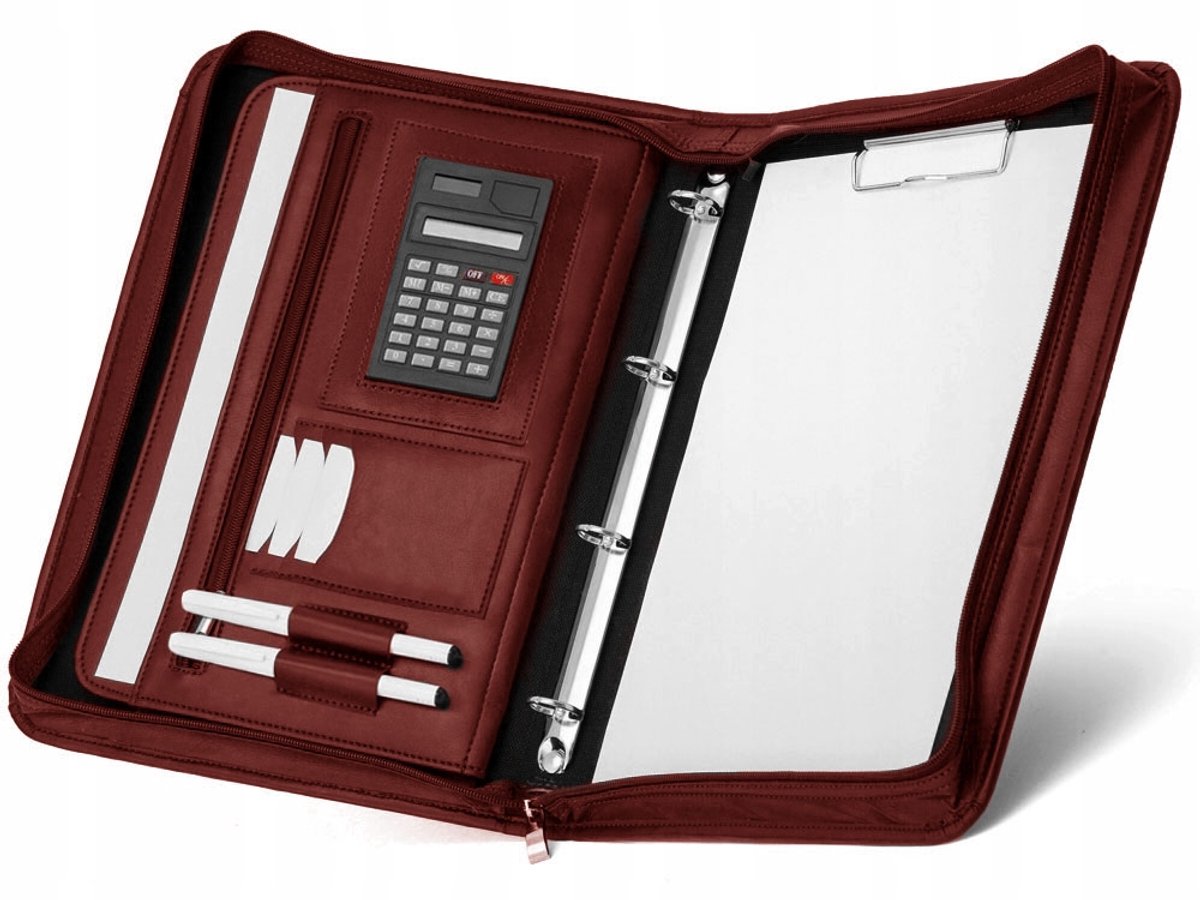 Merkloze A4 Aktetas Organizer met Rits en Rekenmachine - Bordo