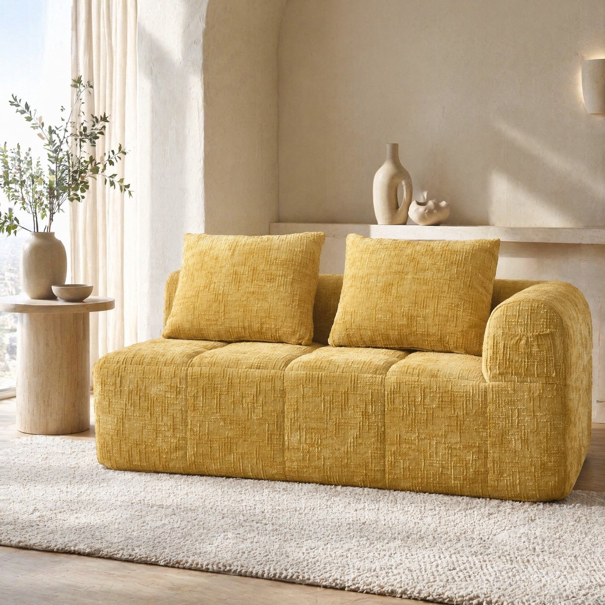 MEUNIQ 2-zits bank 158 x 90 x 60 cm, chenille bekleding, zachte zit, zijvakken en 1 kussen, zonder montage, woonkamer, geel