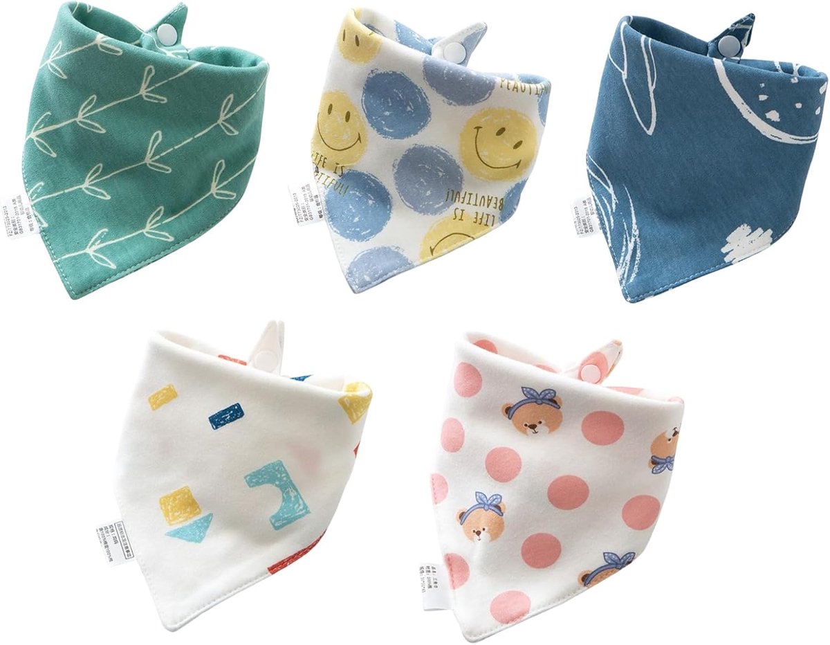 Babyslabbetjes Pack van 5 - 100% Katoen - Absorberend Zacht Driehoek Sjaaltje - Ideaal voor Nieuwborns - SnelShoppen