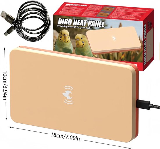 Verwarmingspaneel van 18x10 cm met oranje en beige afwerking, inclusief usb-kabel en verpakking.