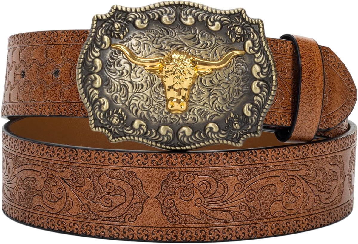 Leren riem met cowboygesp 84-104 cm - gegraveerde bloemen - longhorn stier - perfecte jeansaccessoire - SnelShoppen