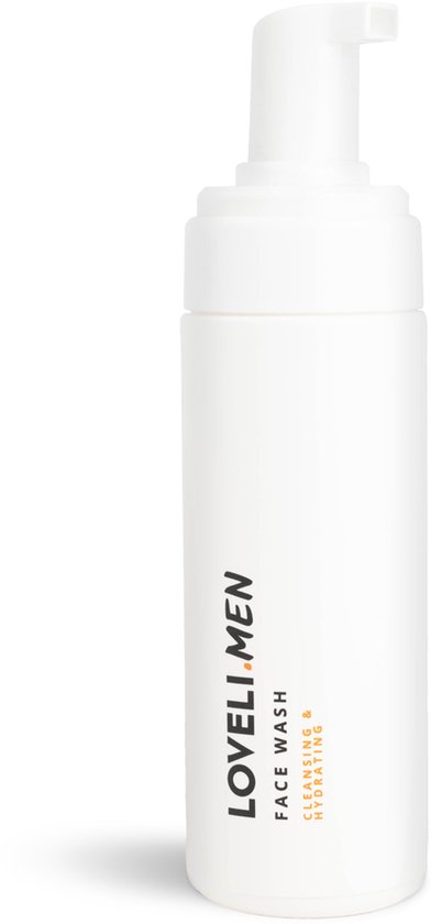 Loveli.men Face Wash. Witte pompflacon met oranje tekst: "FACE WASH CLEANSING & HYDRATING".