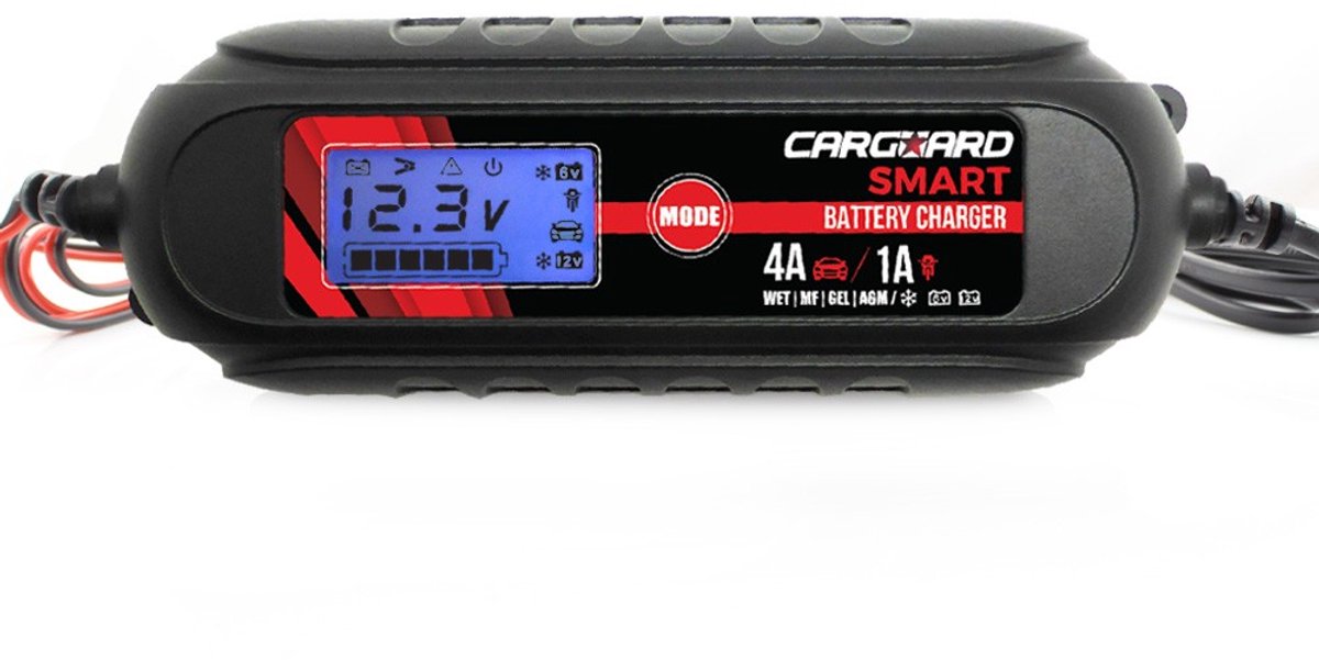 Automatische Auto / Motor Accu oplader 230V 4A, 6/12V, IP65, met display en krokodillenklemmen [55777B]