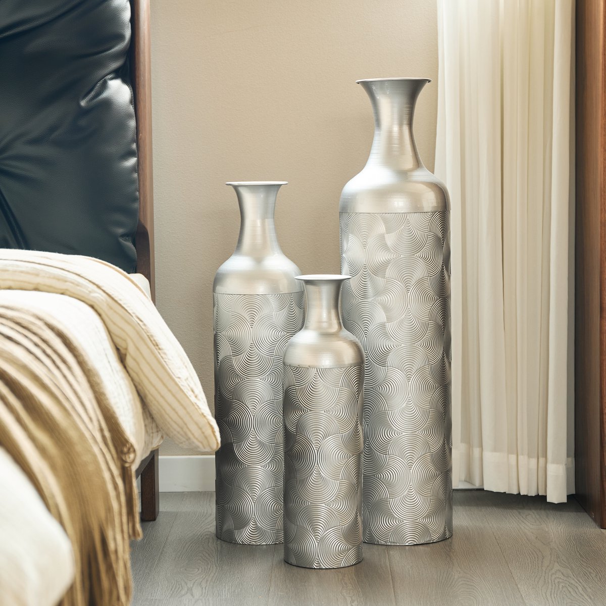 Vaas 3 Delige Set - Diep Geëmbost Wellenpatroon - 50 66 83 Cm - Metaal - Zilver - Voor Droogbloemen En Woonkamer - Moderne Stijl
