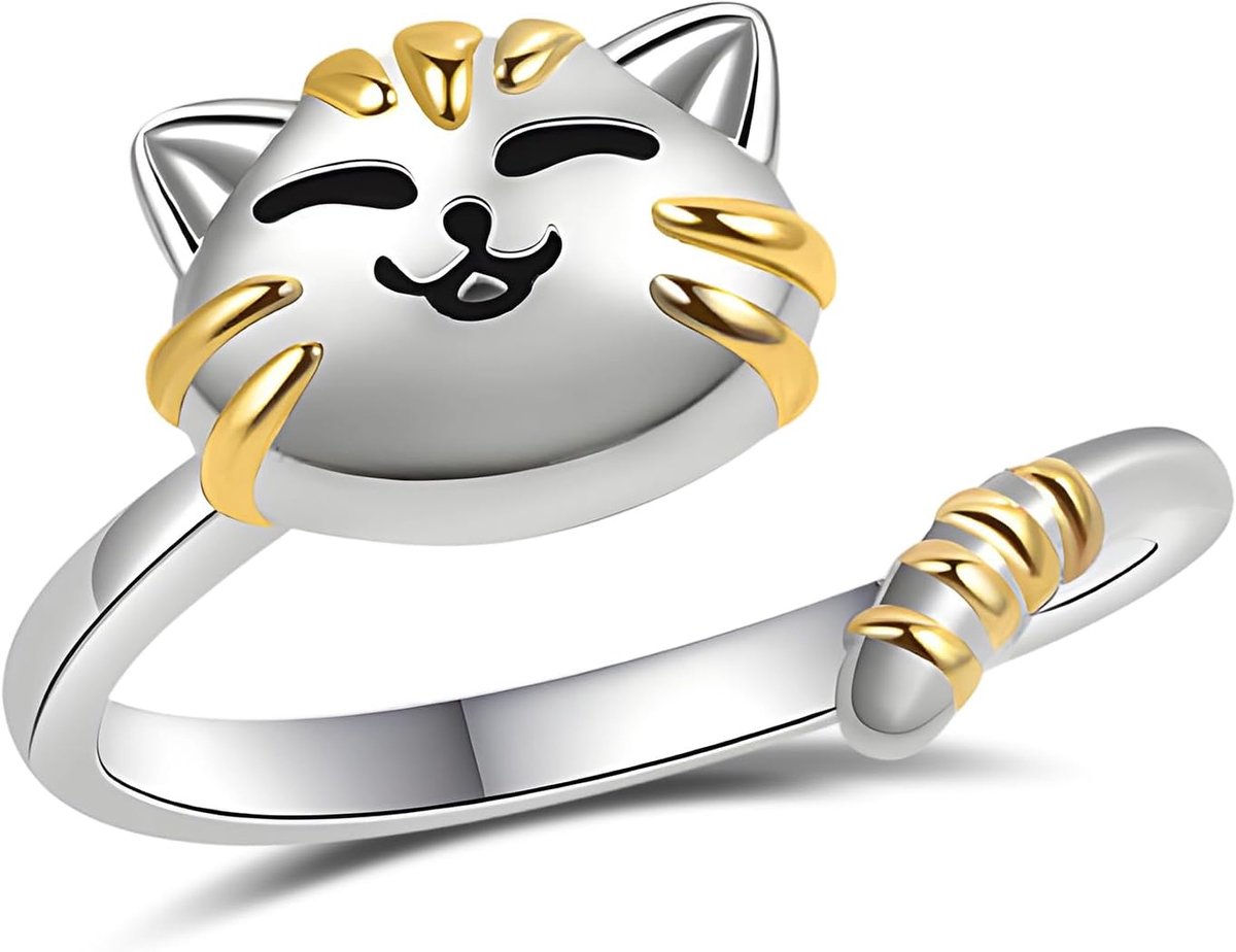 Ring, schattige kattenkop, draaibare ring van koper, verstelbare fidget-ring tegen nervositeit, creatief damessieraad en cadeau