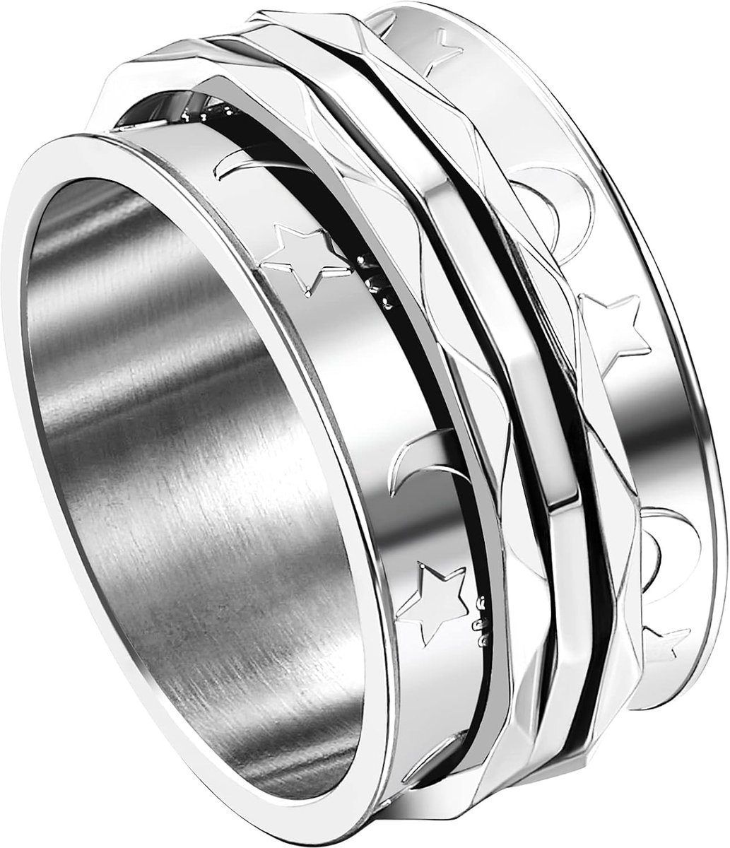 Retro Fidget Spinner Ring Womens Maan en Ster Patroon Draaibare Angst Relief RVS Ring Bands
