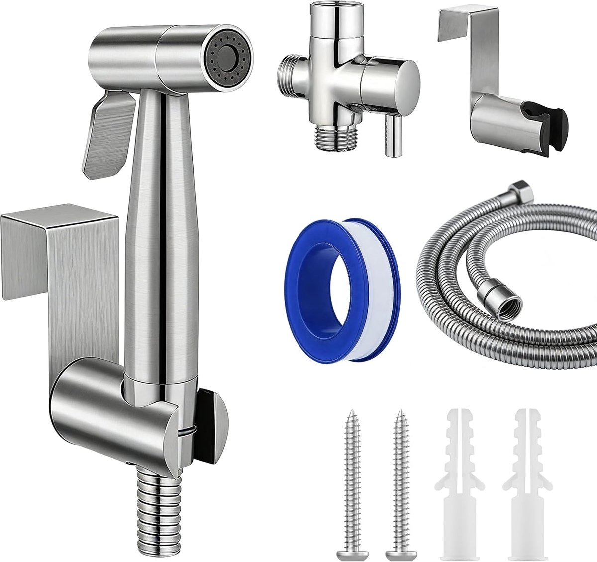 Bidet handdoucheset, bidet handdouche voor toilet, wandgemonteerde toiletsproeier, roestvrij staal, waterverdeler met slang + 304 spuitpistool + haakvoet voor toilet, toilet, badkamer, keuken (zilver)