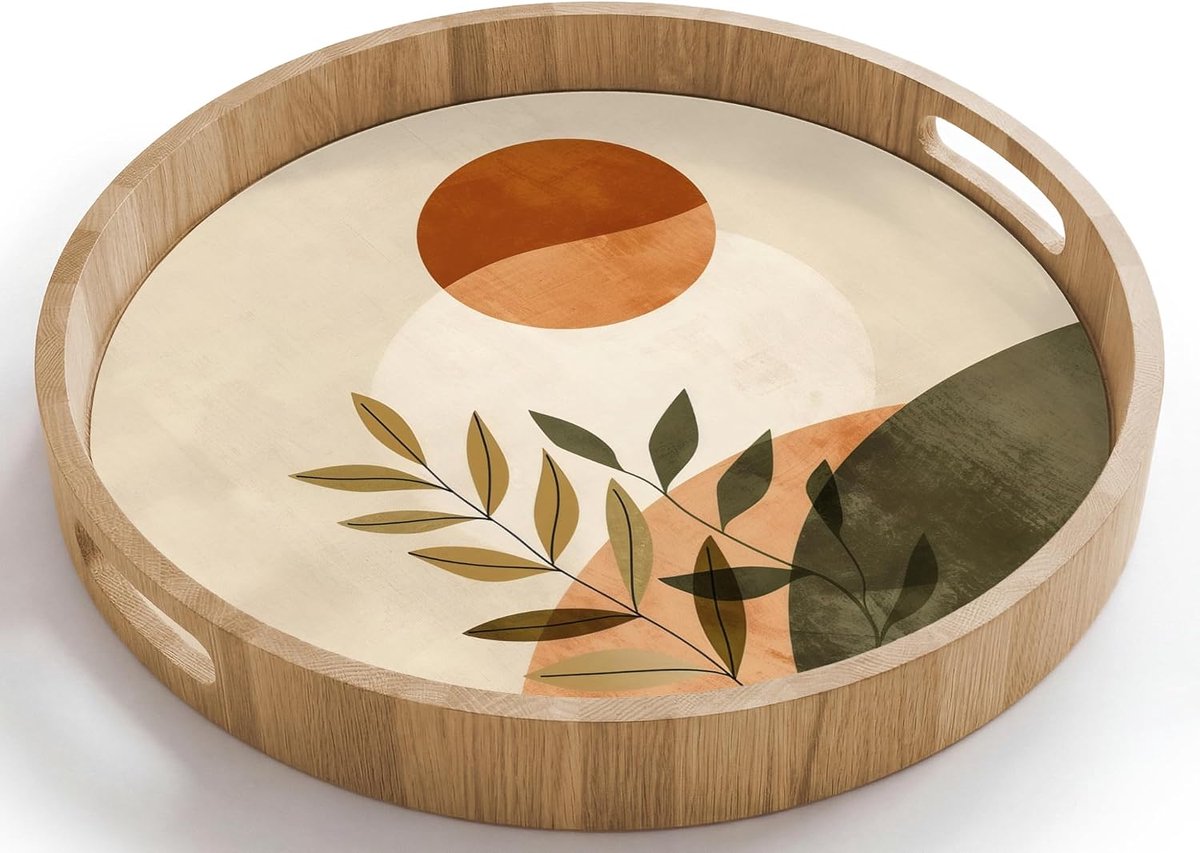 Dienblad Rond 40x40 cm Serveerblad Met Handgrepen Krasbestendig Hittebestendig Eikenhout Wooden Serving Tray Koffie Thee Takken - Vormen - Abstract