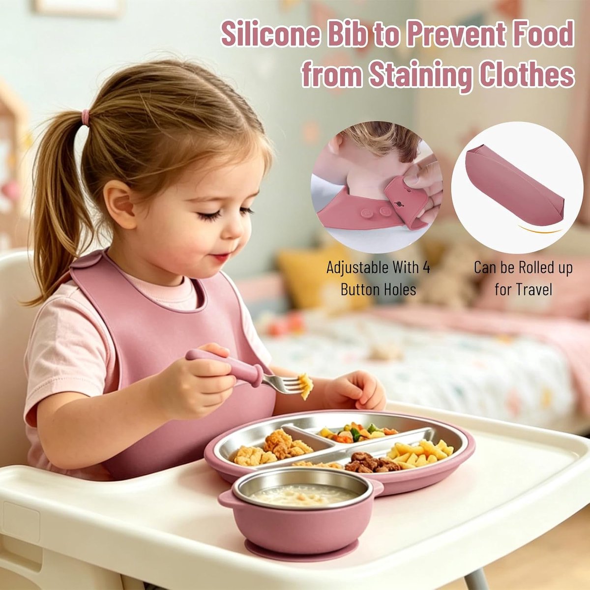6-in-1 set van roestvrij staal voor kinderen met siliconen coatings, BPA-vrij, afneembare platen, gedeeld bord met zuignap, kom, beker met rietje, slabbetje, lepel en vork