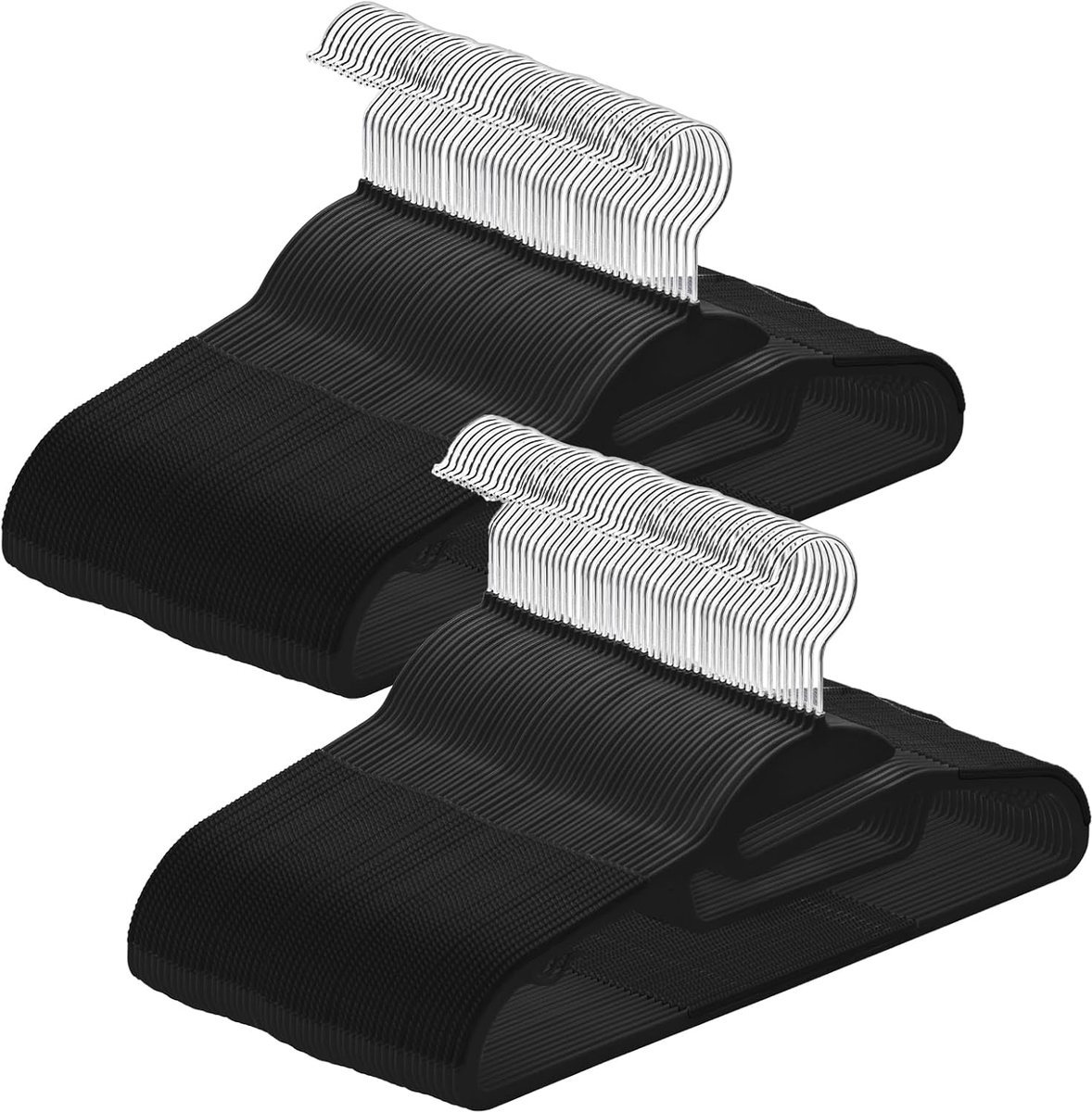 Kleerhangers van kunststof, 100-delige set met antislip oppervlak en U-vormige opening, voor zowel nat als droog, ruimtebesparende kleerhanger met krawattenhouder en 360° draaibare haak, Zwart