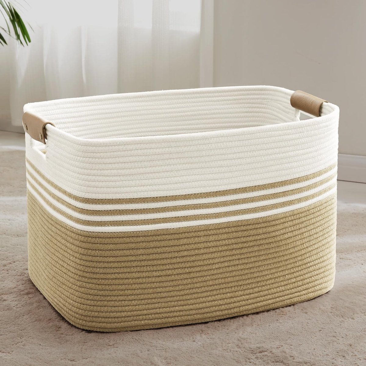 Geweven wasmand van katoenkoord, 86L, opbergmand met leren handvatten, mand voor dekens, kleding, speelgoed, wasmand voor kinderkamer of woonkamer, 60x40x36 cm, wit en kaki