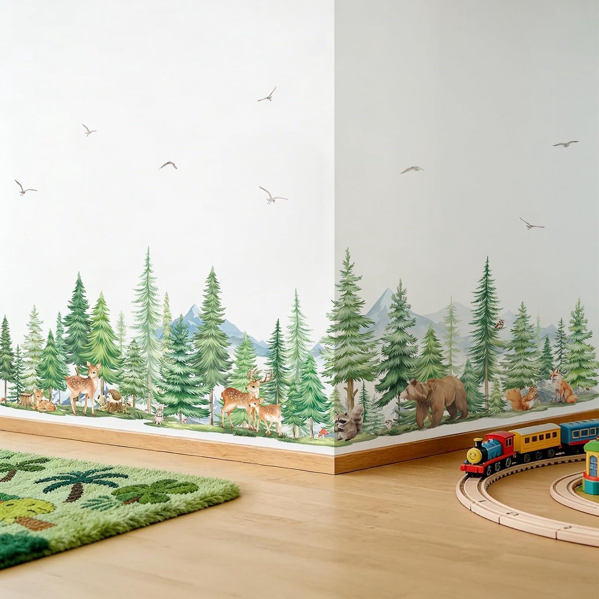 Muurstickers met dennenboom, dieren, muurstickers, verwijderbare vinly decoraties voor kinderen, slaapkamer, bank, hoekplint