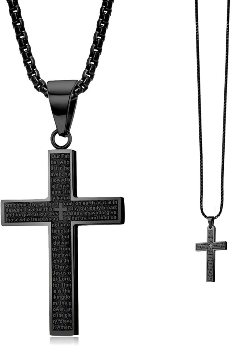 Stalen kruisketting voor heren, waterdichte hanger, 4,5 x 2,8 cm, lengte 60 cm, kruisketting met belettering, klassiek design, doopcadeau voor mannen en jongens