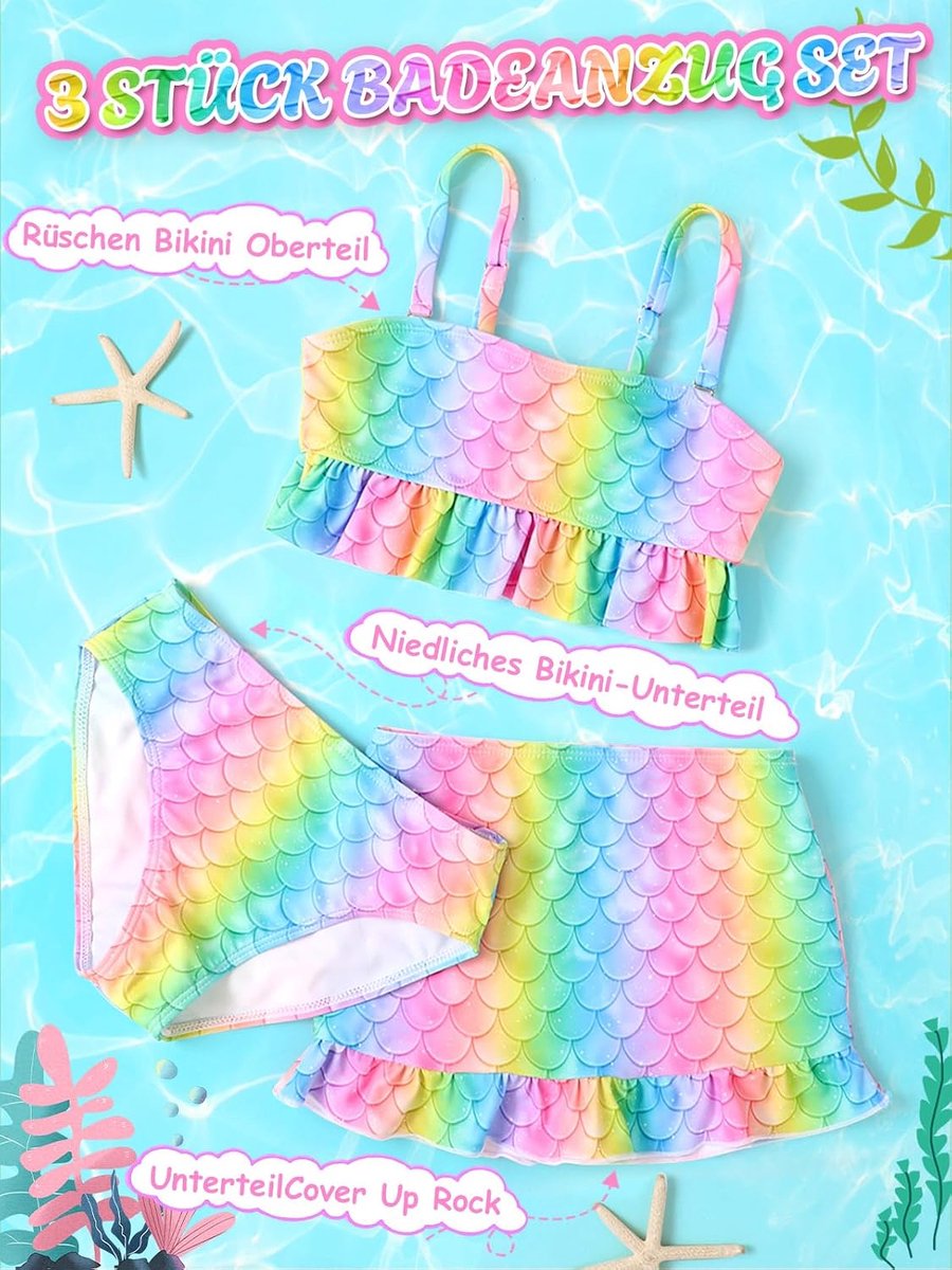 Bikini Meisjes 3 Teilig Bikini Tiener Meisjes Verstellbare Schultergurte Meerjungfrau Badeanzüge Kinder 4-12 Jahre, Regenboog, 116 cm