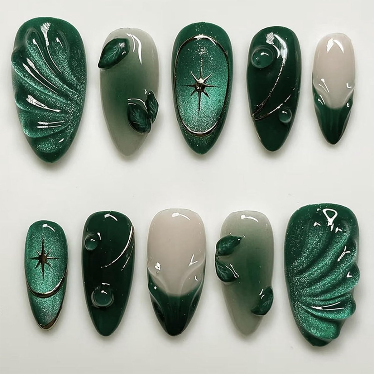 Press-on-nail set 24 stuks - zwart groen 3D bladeren - trendy design - perfect voor vrouwen en meisjes - ShopVlot