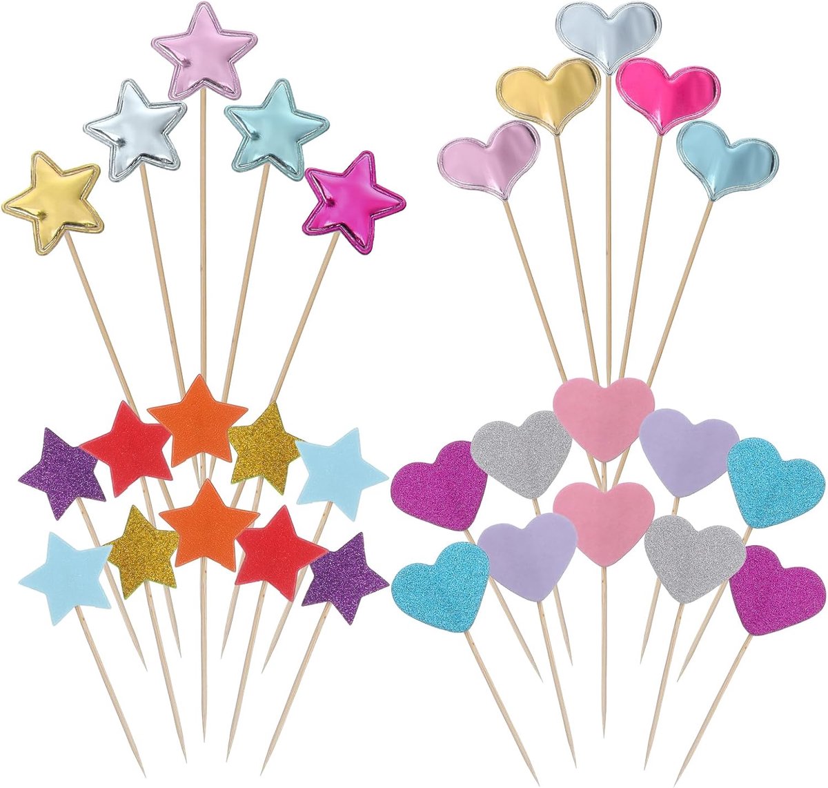 Cupcake toppers hart en ster - 30 stuks - kleurrijke glitterdecoratie - feestelijke versiering voor verjaardag - ShopVlot
