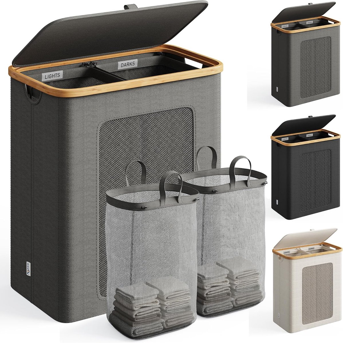 Wasmand 140 liter - 2 compartimenten - bamboe frame - ideaal voor kleurensortering - ShopVlot
