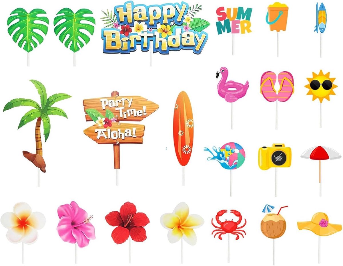 Cake decoratie posters 22 stuks - Hawaiiaanse thema - lichtgewicht papier - perfect voor verjaardagen - ShopVlot