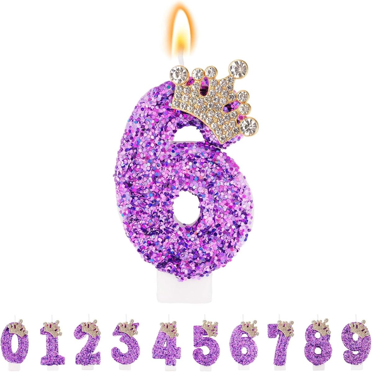 Verjaardagskaars cijfer 6 paars met kroon en glitter taartdecoratie voor verjaardag en jubileum