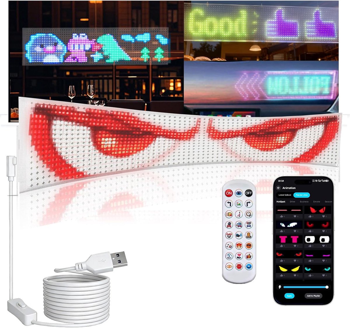 LED auto verlichting met duivelsogen 12x60cm - flexibele USB display - waterdicht - ShopVlot