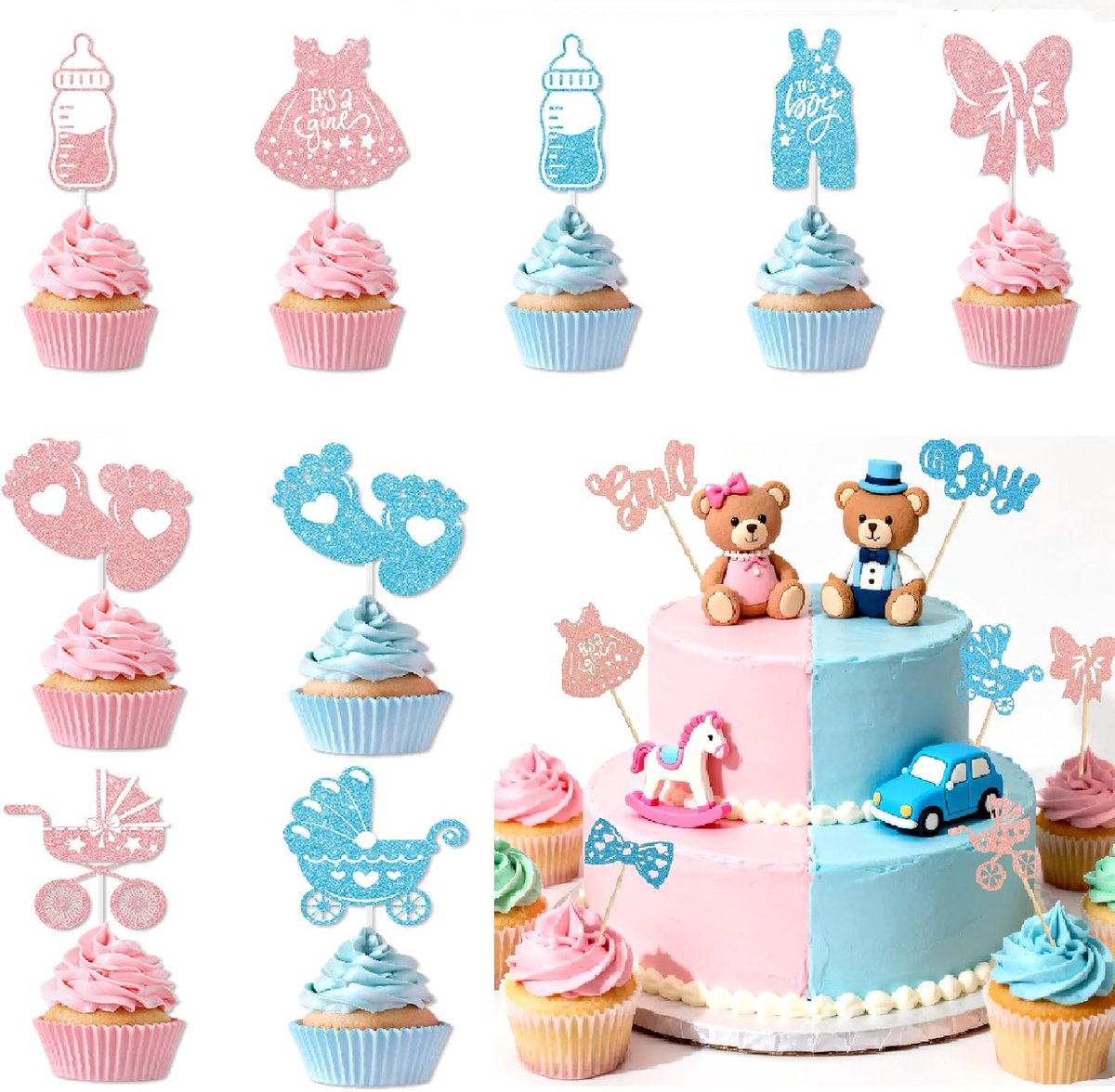 Cake decorations voor babyshower - 24 delen - roze en blauw - perfect voor gender reveal - ShopVlot