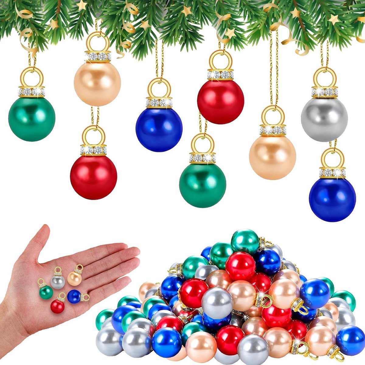 Mini kerstballen set van 100 - kleurrijke glitter kerstdecoratie - met gouden draad - perfect voor DIY versieringen - ShopVlot
