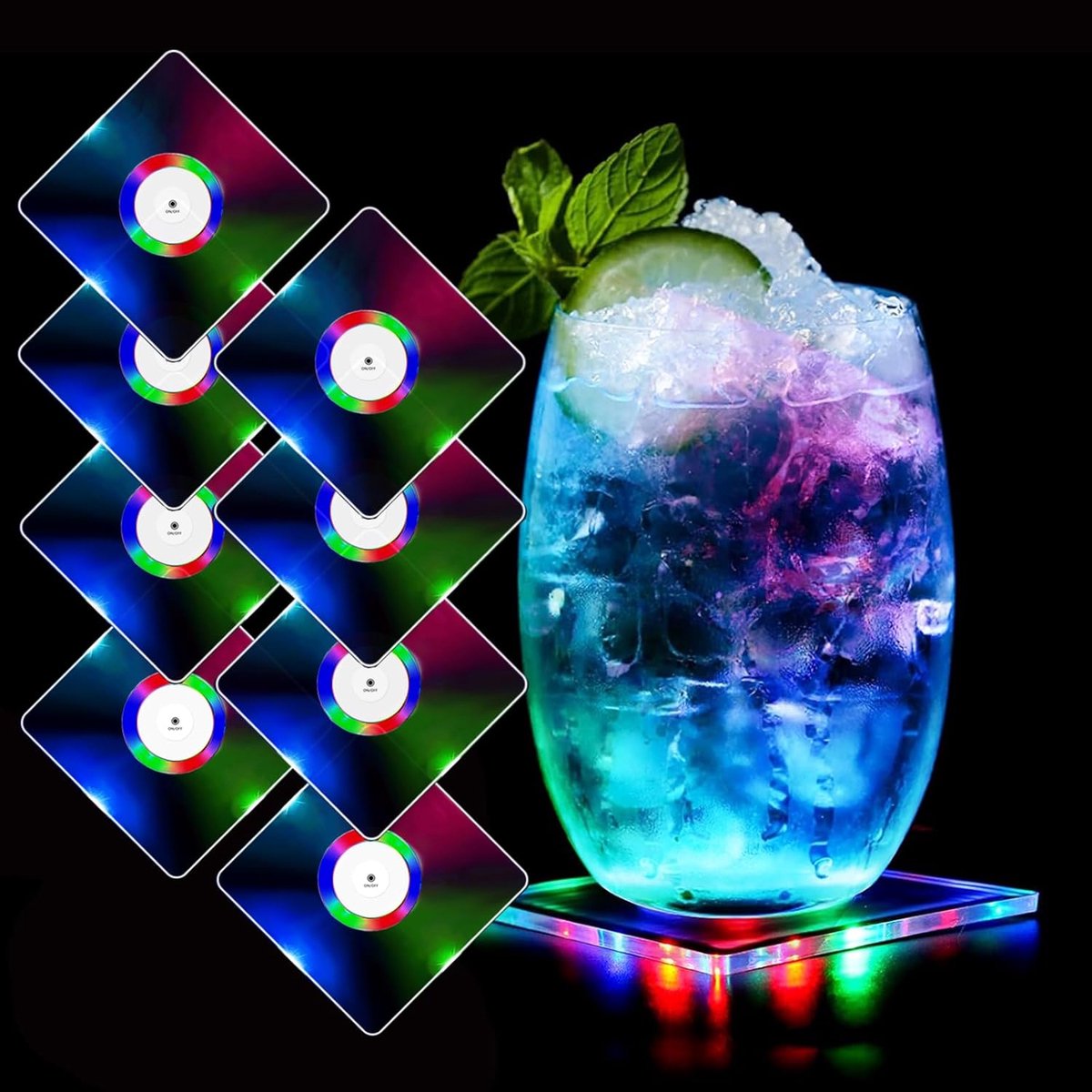 Set van 8 Kleurvolle LED Drinkonderzetters - Waterdicht Acryl - Luminous Coasters voor Feesten - ShopVlot