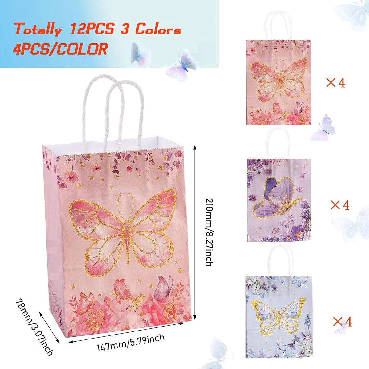 Kraftpapieren zakjes 12 stuks - vlinderdesign - met handvat - ideaal voor geschenken - ShopVlot