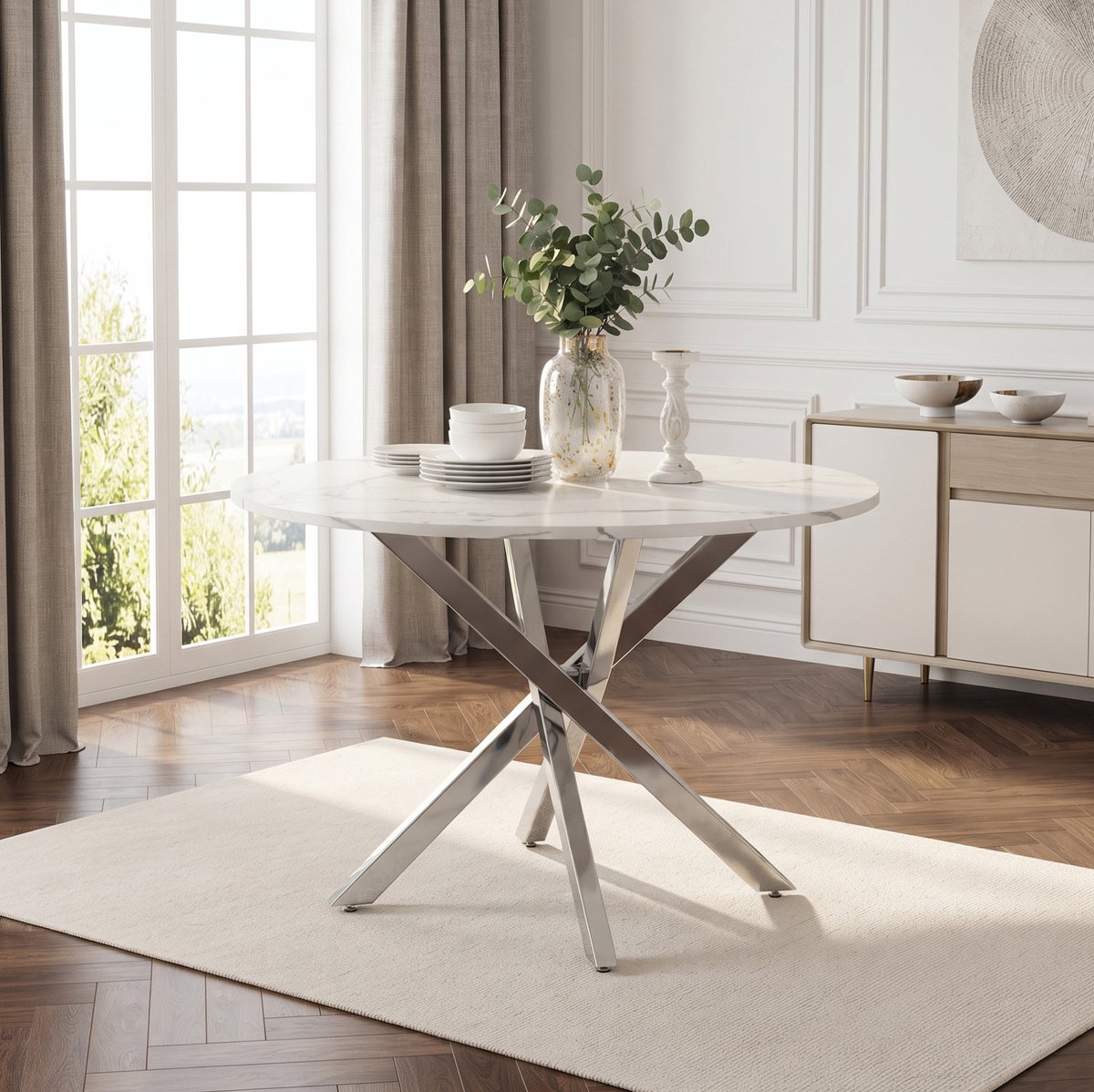 OKWISH Eettafel – Ronde Tafel Met Marmerlook Tafelblad – 80×80×75 cm – Ruimtebesparend Voor Eetkamer Of Keuken – MDF Wit Zilver
