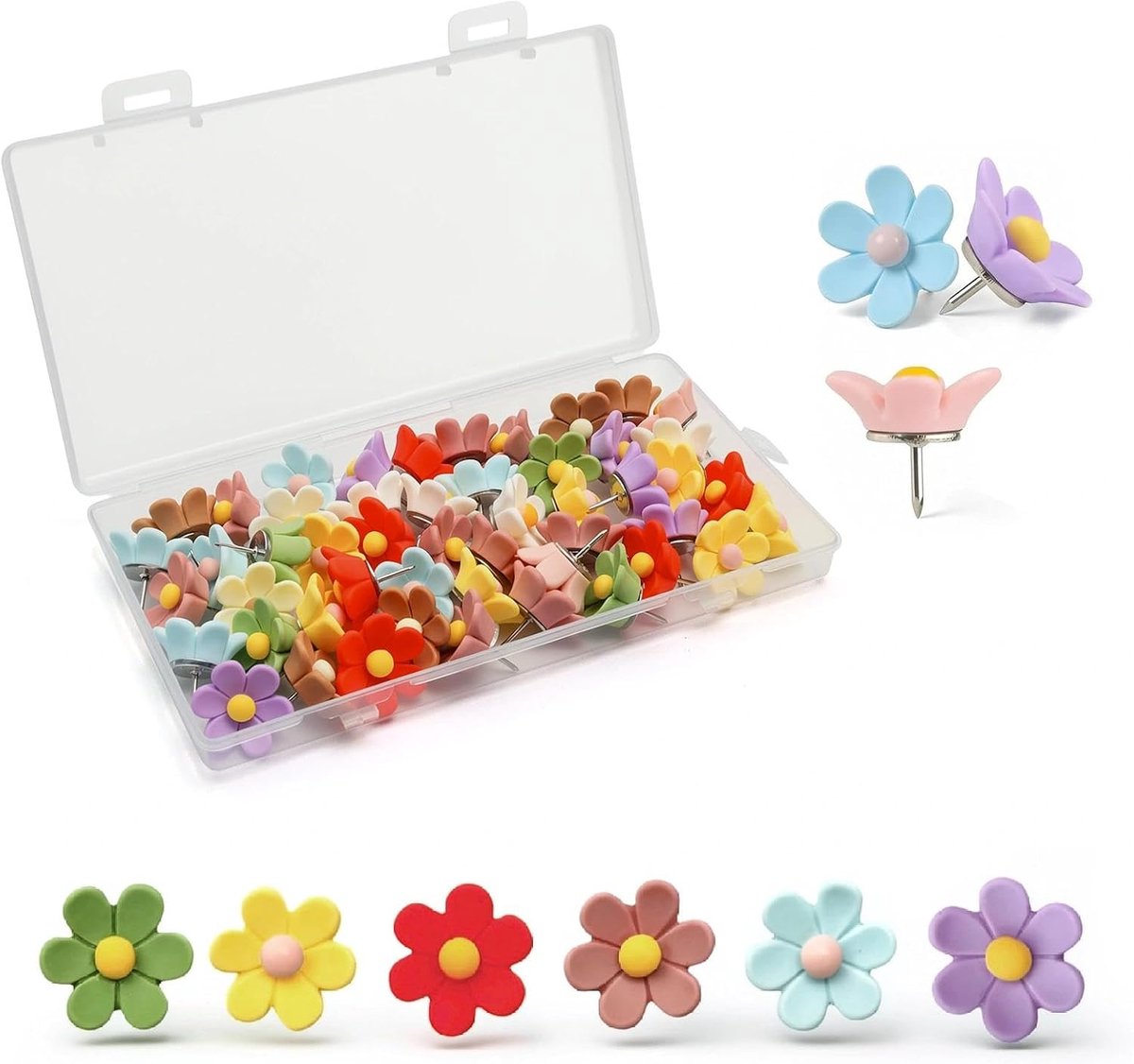 Punaises 50 stuks - kleurrijke bloemen - stevige metalen punten - ideaal voor prikbord - ShopVlot