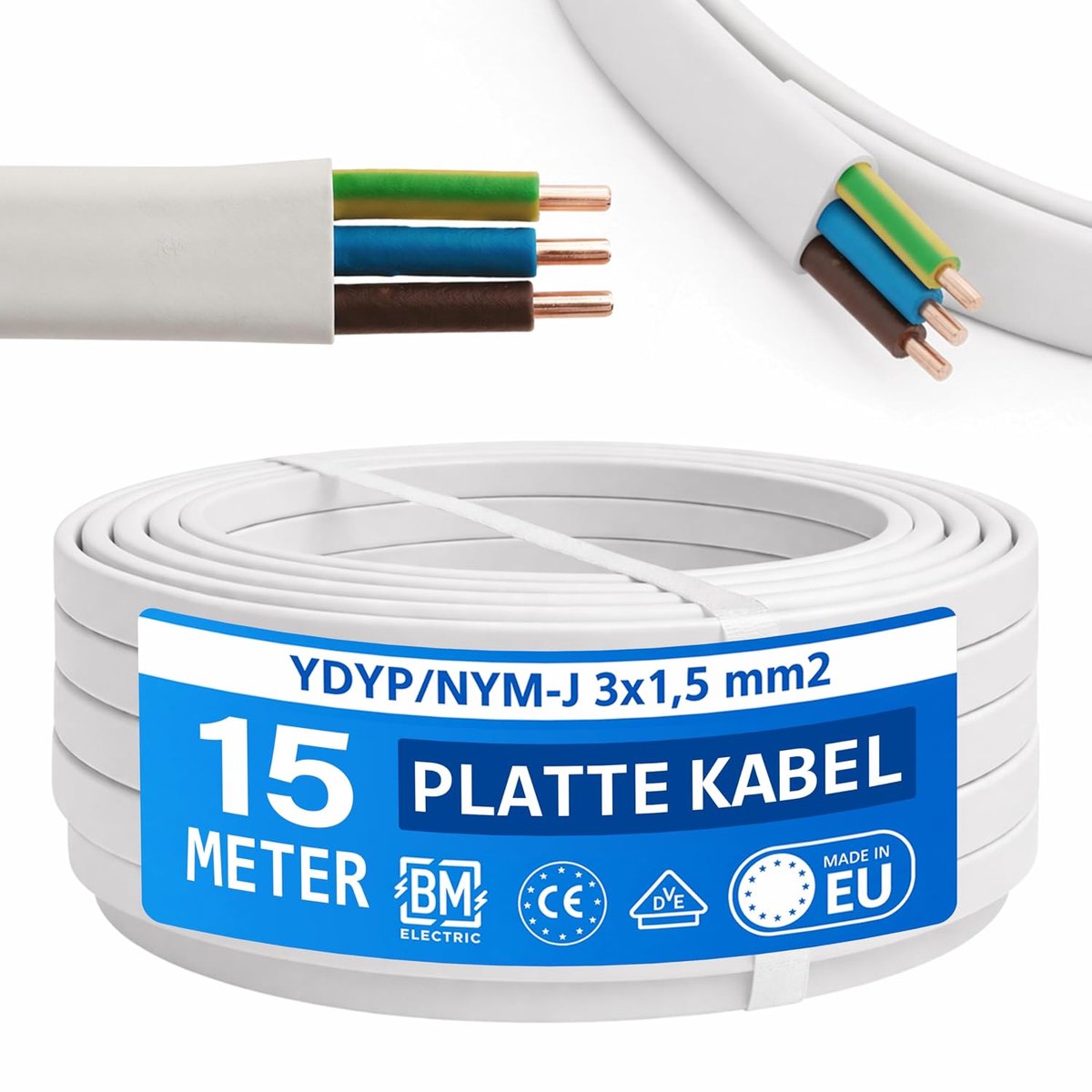 Powerkabel YDYp NYM 3x1,5 - vlak kabel voor stroomtoevoer - 300/500V - ideaal voor vaste installatie - ShopVlot