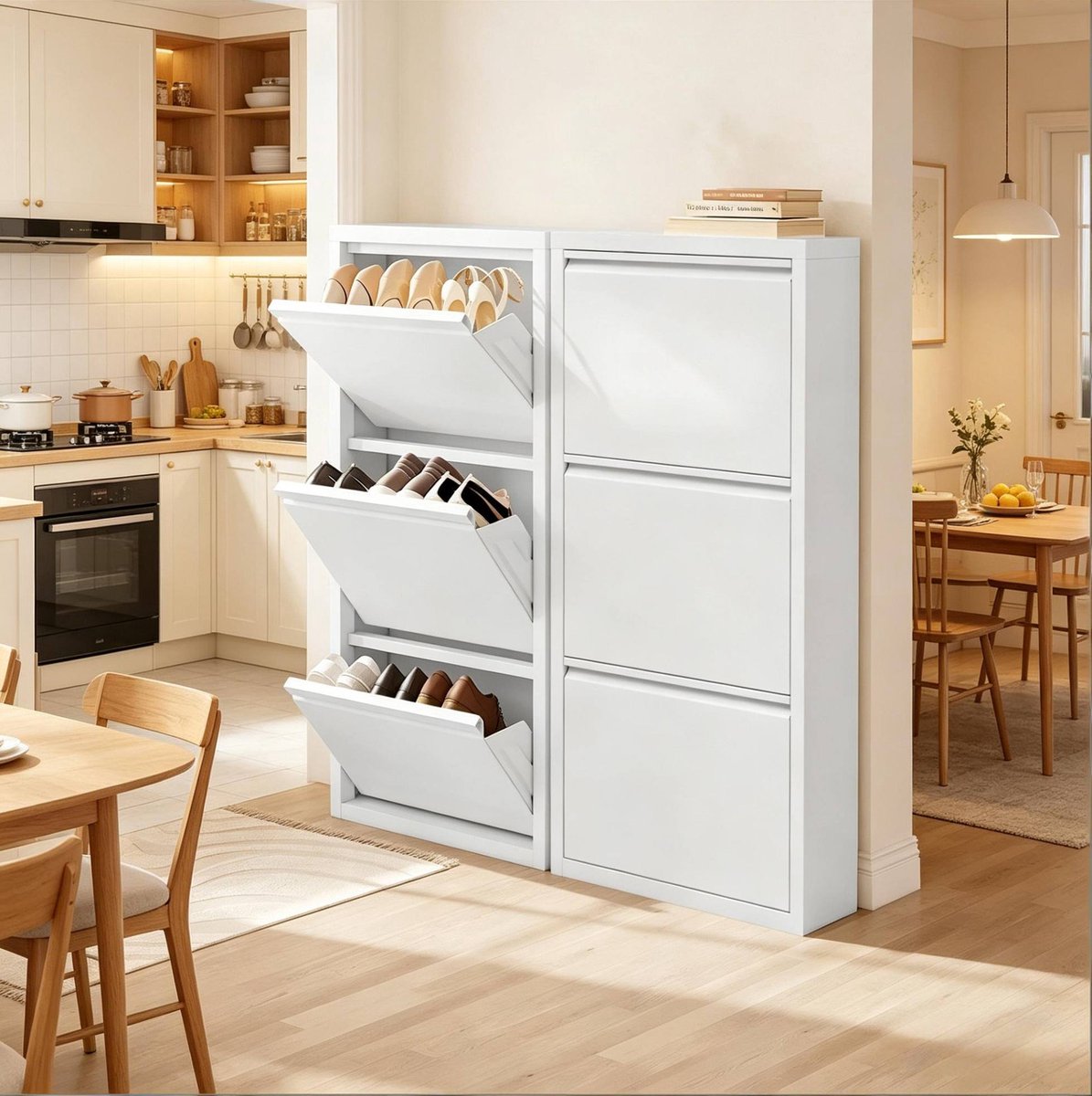MODENUIT Schoenenkast - Smal Staand Rek Met 3 Klappen - Voor Hal En Woonkamer - Metaal - Wit - 50x106x15 Cm