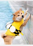 Shiba Inu met een geel bijen zwemvest met zwarte strepen en witte vleugels bij een zwembad.