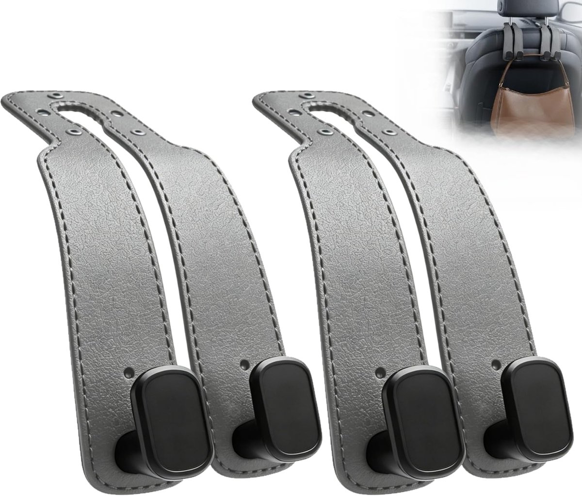 Autostoel Hoofdklemmen 2 Stuks - Dubbele Haak Organisator - Kunstleer Look - Extra Opbergruimte voor Tassen - ShopVlot