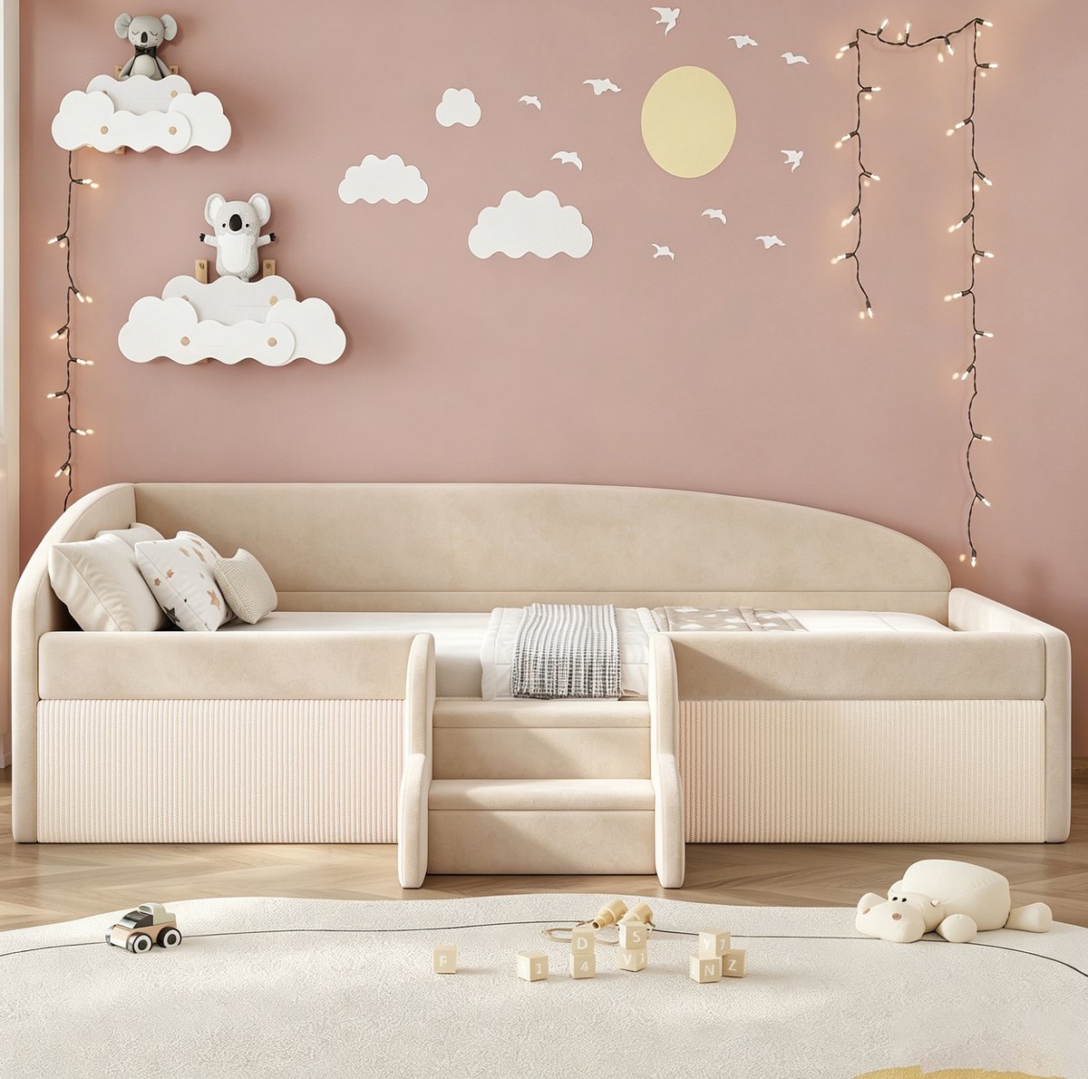 MIVRAY Kinderbed 90x190 cm - Gestoffeerd Bed Met Stappen En Zijhekken - Met Lattenbodem Voor Veilig Slapen En Spelen - Stof - Beige