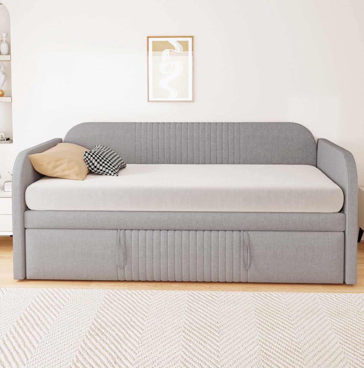 MIVRAY Slaapbank 90 x 190 cm En 180 x 190 cm - Uitklapbaar Bed Met Lattenbodem En Verticale Strepen - Zonder Matras - Linnenstof - Lichtgrijs