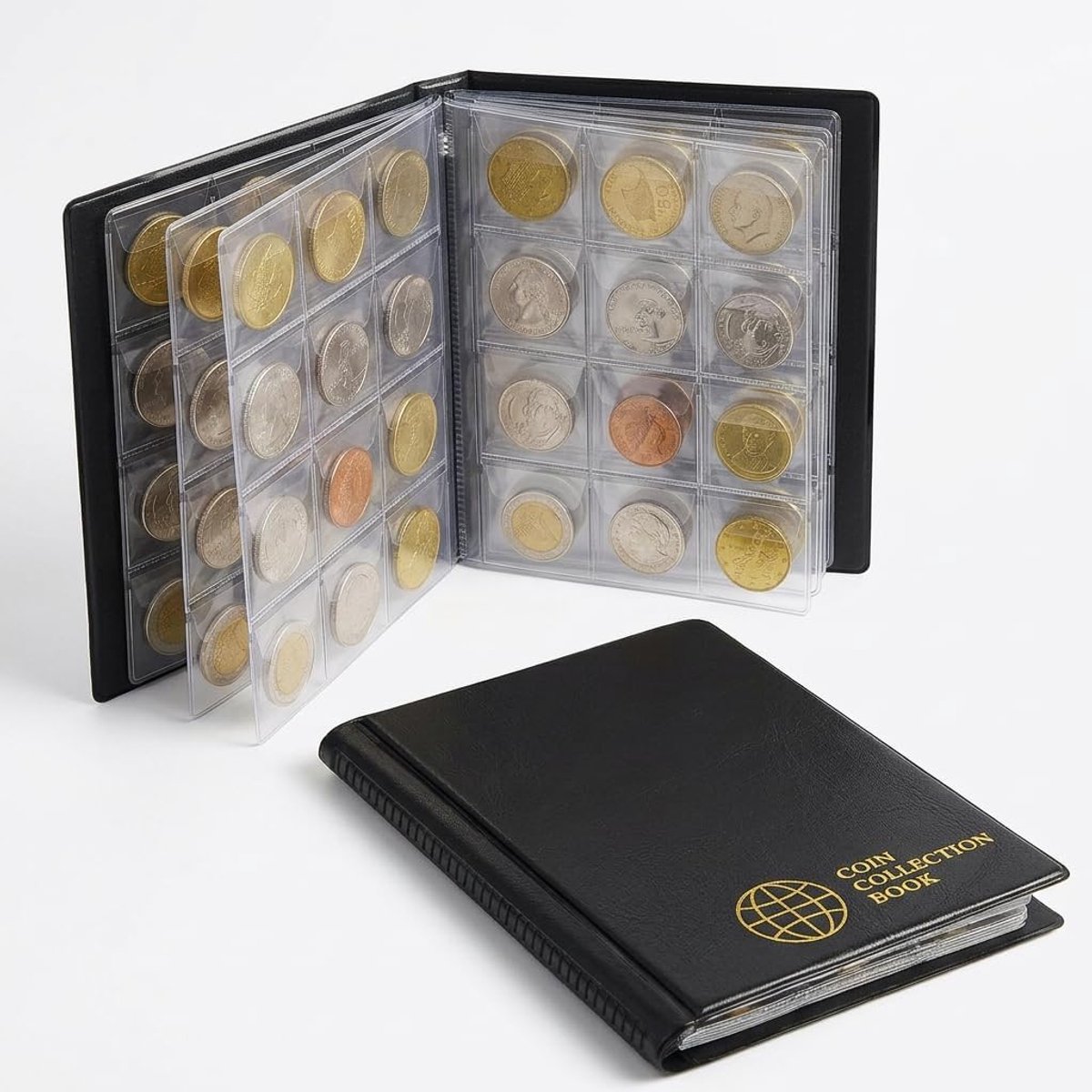Muntenalbum 120 vakken - klein 11,5 x 15,5 cm - zwart met 3 x 3 cm vakken - ideaal voor euromunten - ShopVlot