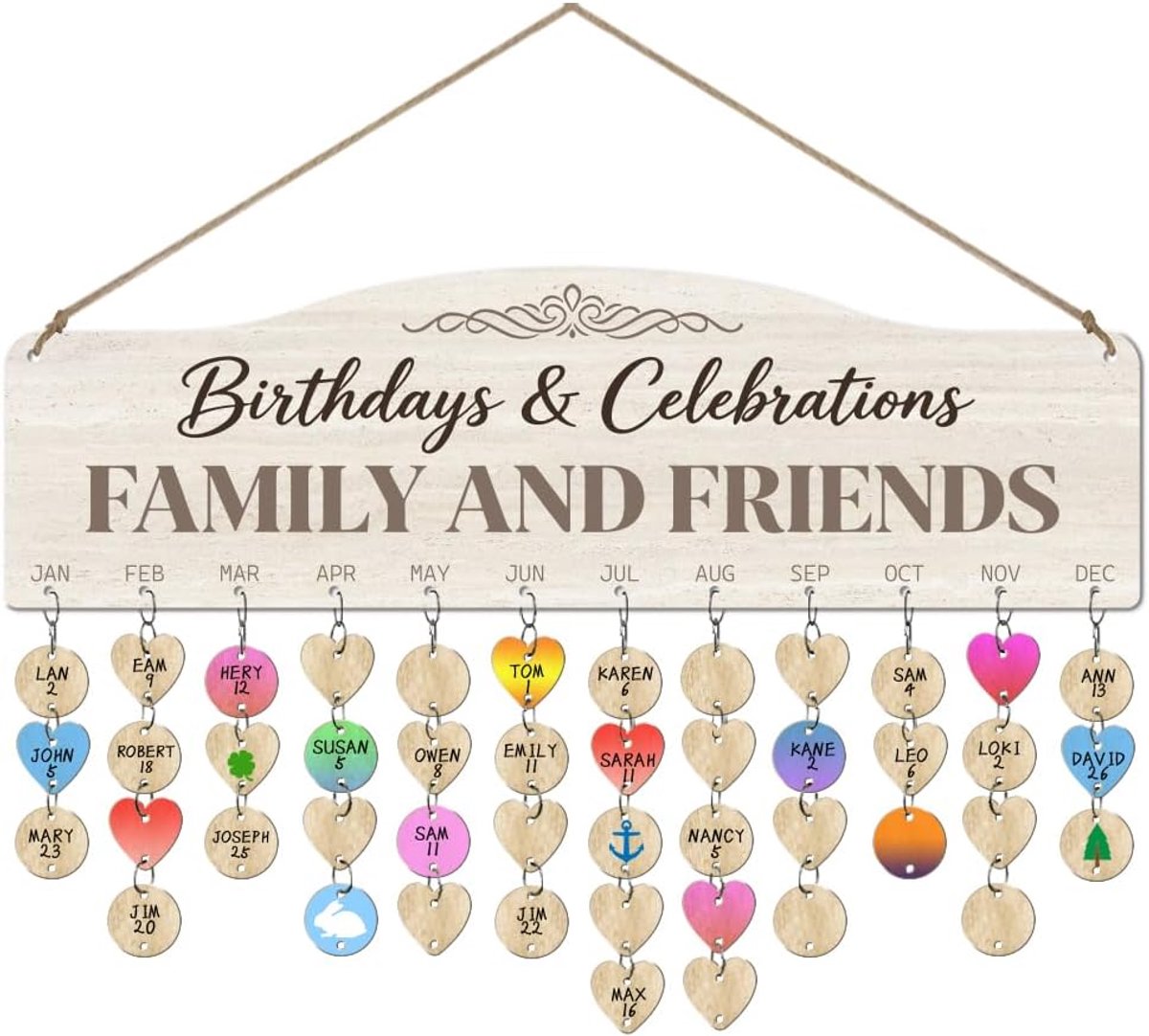 Houten verjaardagskalender 40 x 12 cm - met 100 houten tags - familie- en vriendenverjaardag - stijlvolle wanddecoratie - ShopVlot