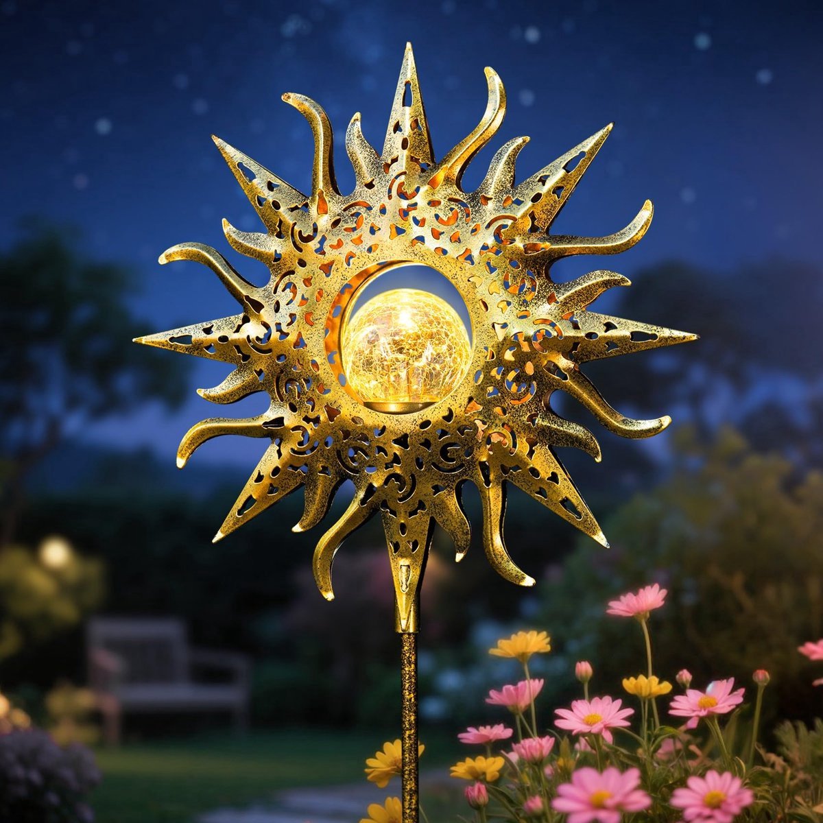 Casalora Tuinverlichting - tuinverlichting op zonneenergie - Solar Tuinverlichting Gouden zon - 1 Stuks - Metaal en Glas - Kunstplanten Kunstbloemen Solar Schuttinglamp voor Tuin, Terras, Gazon