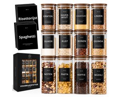 Organess Voorraadpotten Acacia deksel - 12 Delige set - Glas met deksel - Snoeppot - Glazen voorraadpotten - 4x 800ml & 8x 600ml