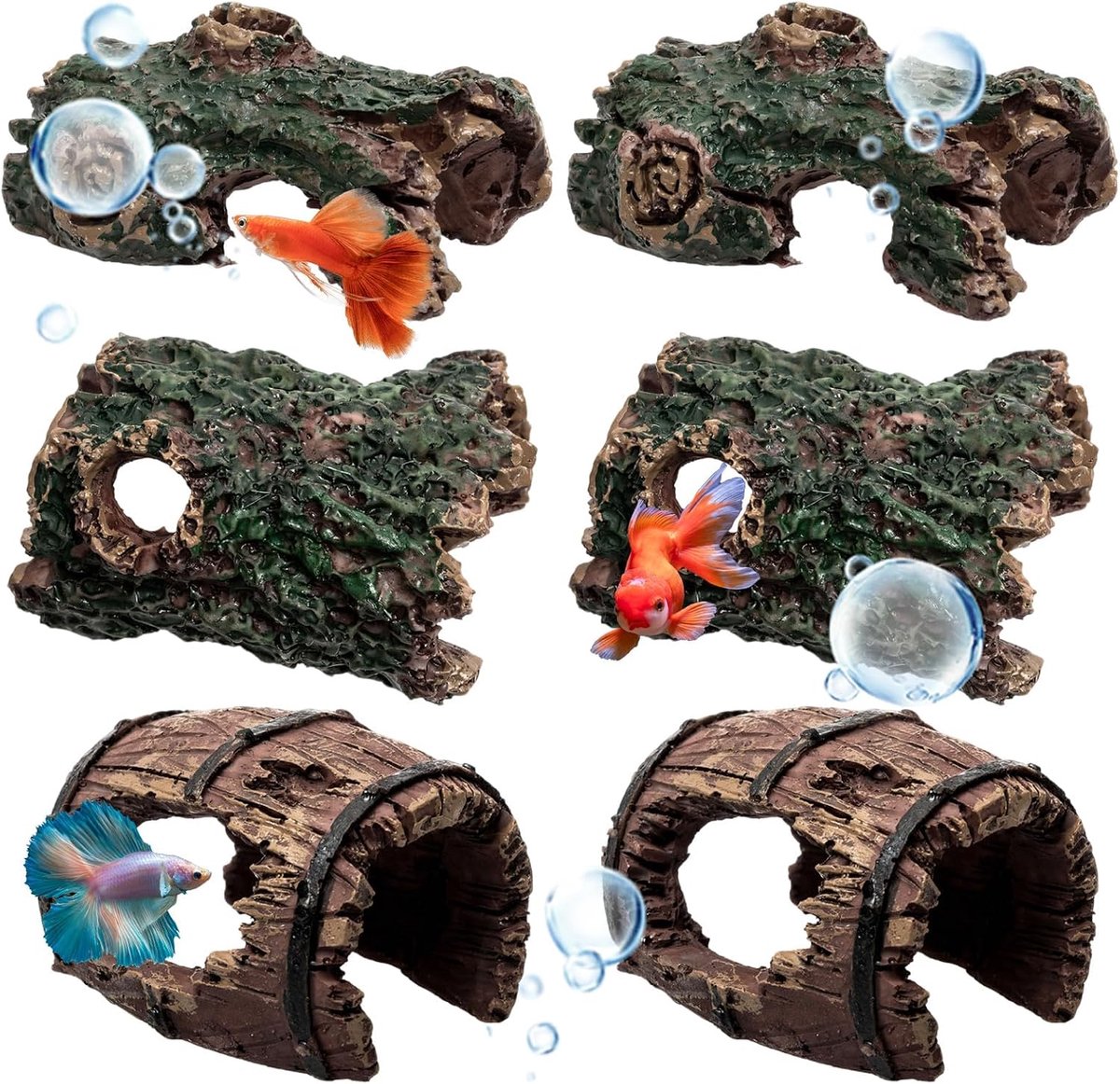 Aquariumdecoratie 6 stuks - Boomstam van hars - Realistische vormen - Verstopplaats voor vissen - ShopVlot