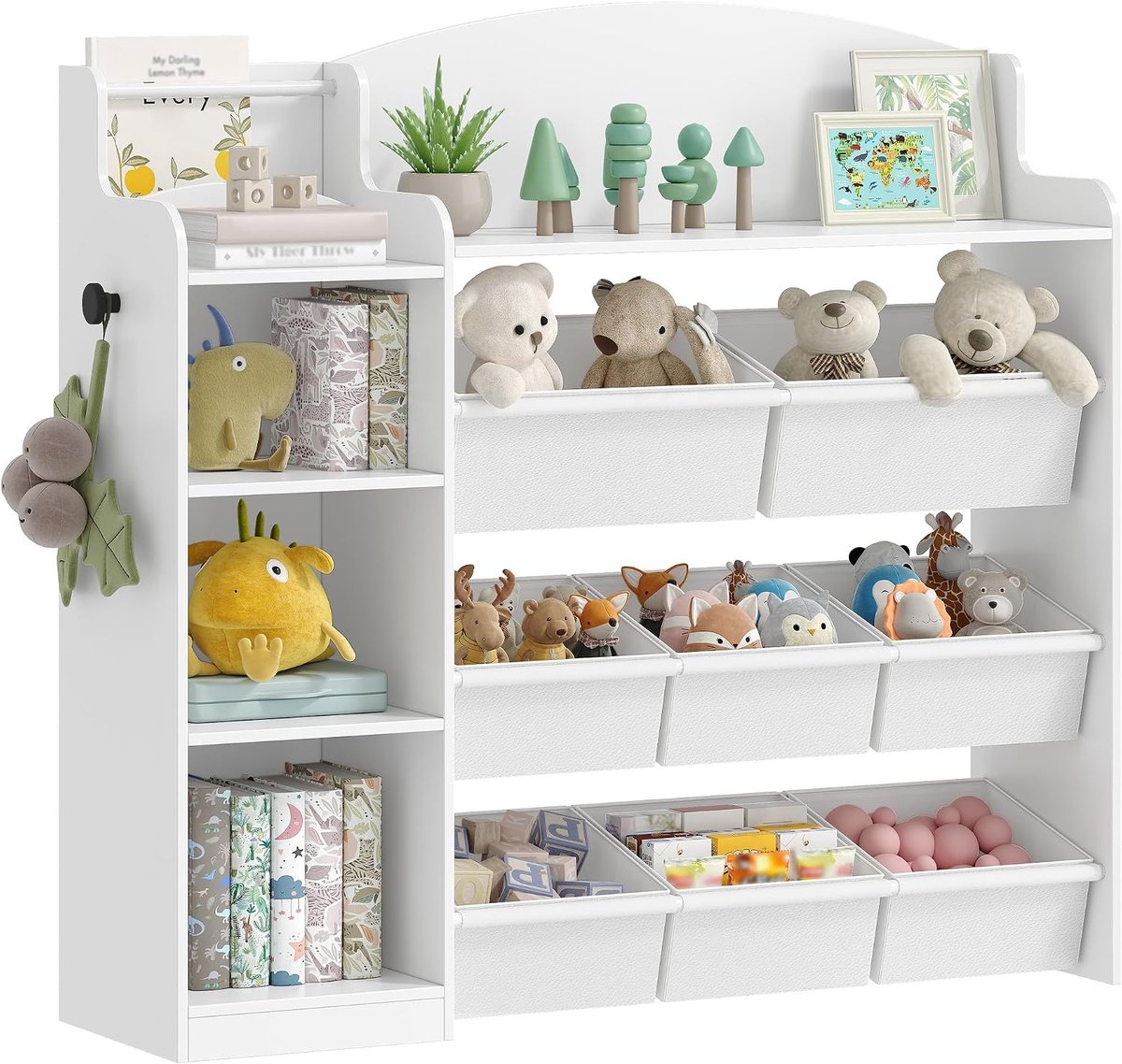 Hzuaneri Kinderboekenplank, Houten Boekenplank, Speelgoedplank met 8 Non-woven Boxen, Geschikt voor Kinderkamer, Woonkamer, Studeerkamer Wit 30 x 110 x 104 cm Van hout, met 8 stoffen dozen, voor kinderkamer, woonkamer, werkkamer