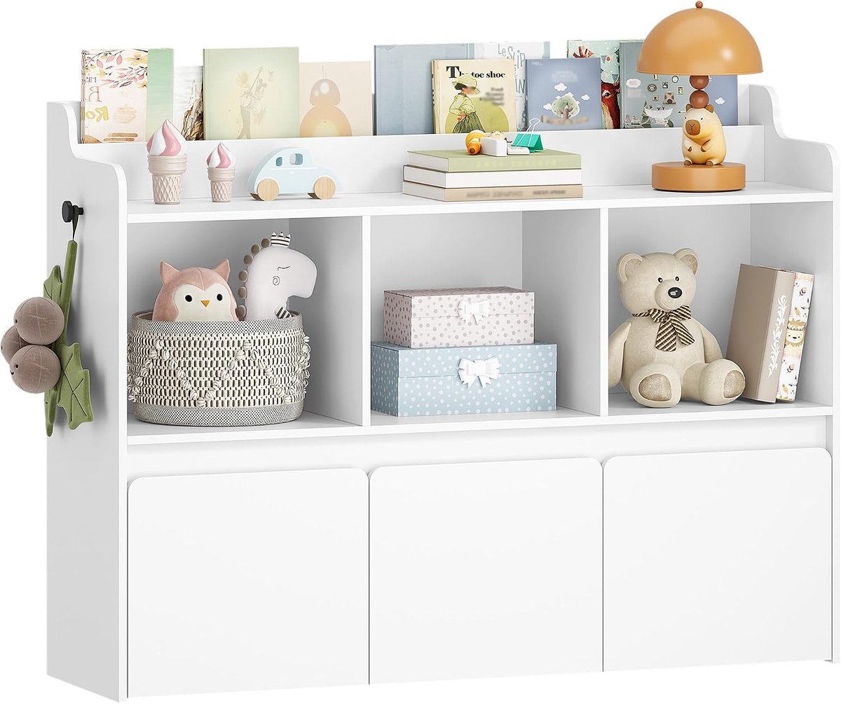 Hzuaneri Kinderkast met boekencompartiment & verrijdbare lades 30 x 108 x 80 cm, wit, 3 open vakken, 3 verrijdbare lades, opbergmeubel, voor kinderkamer of woonkamer, houten kast