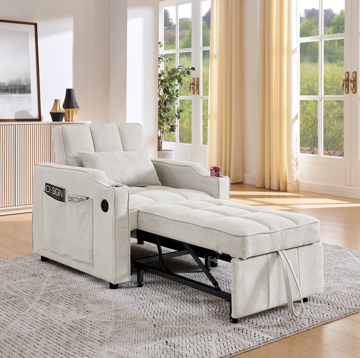 MEUNIQ 1-zits slaapbank 190 cm met USB- en USB-C-aansluiting, 3-standen rugleuning, zijvakken en metalen frame, beige