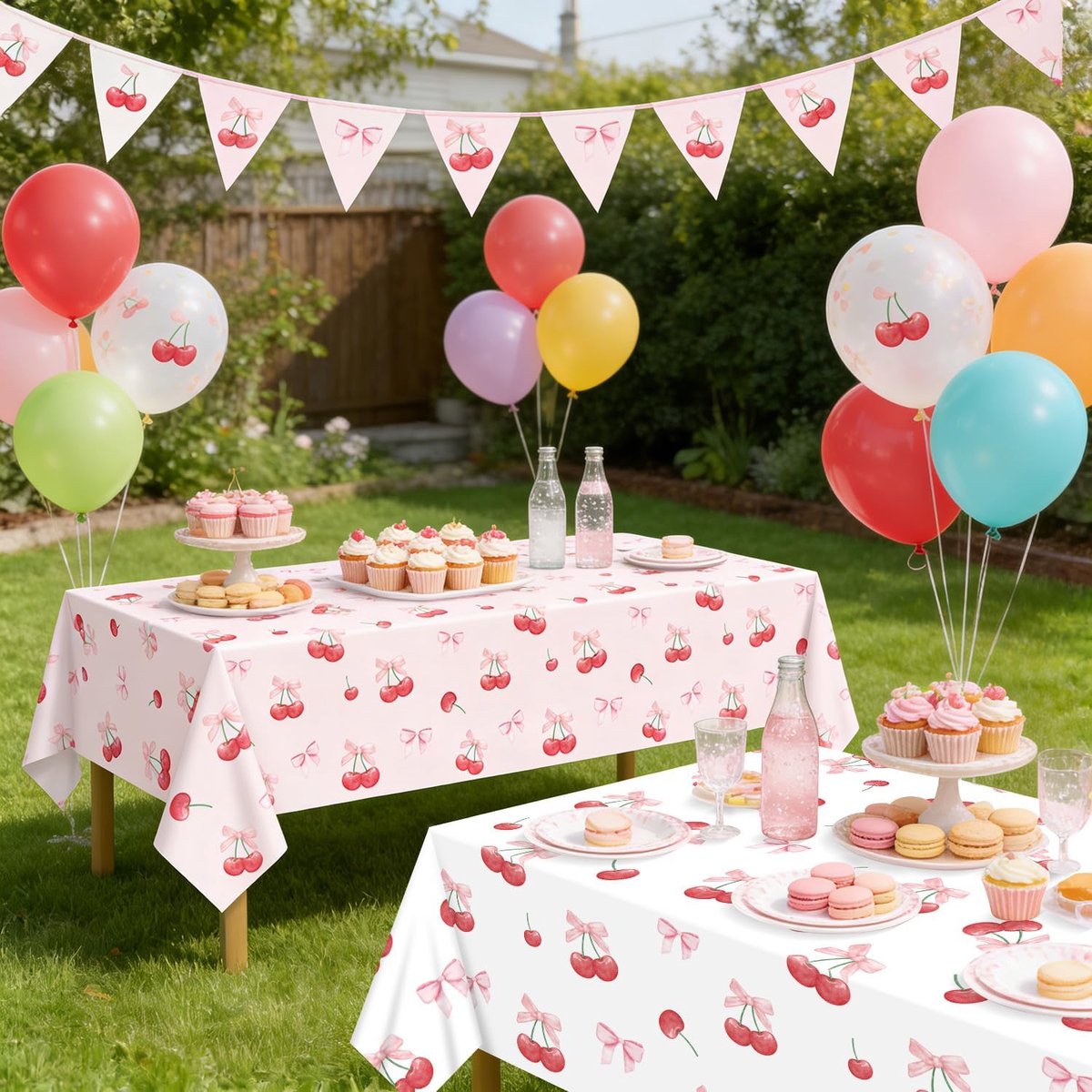 Tafellaken rechthoekig 220x130cm - Kersen en strikken - Perfect voor verjaardagsfeestjes - Set van 4 stuks - ShopVlot