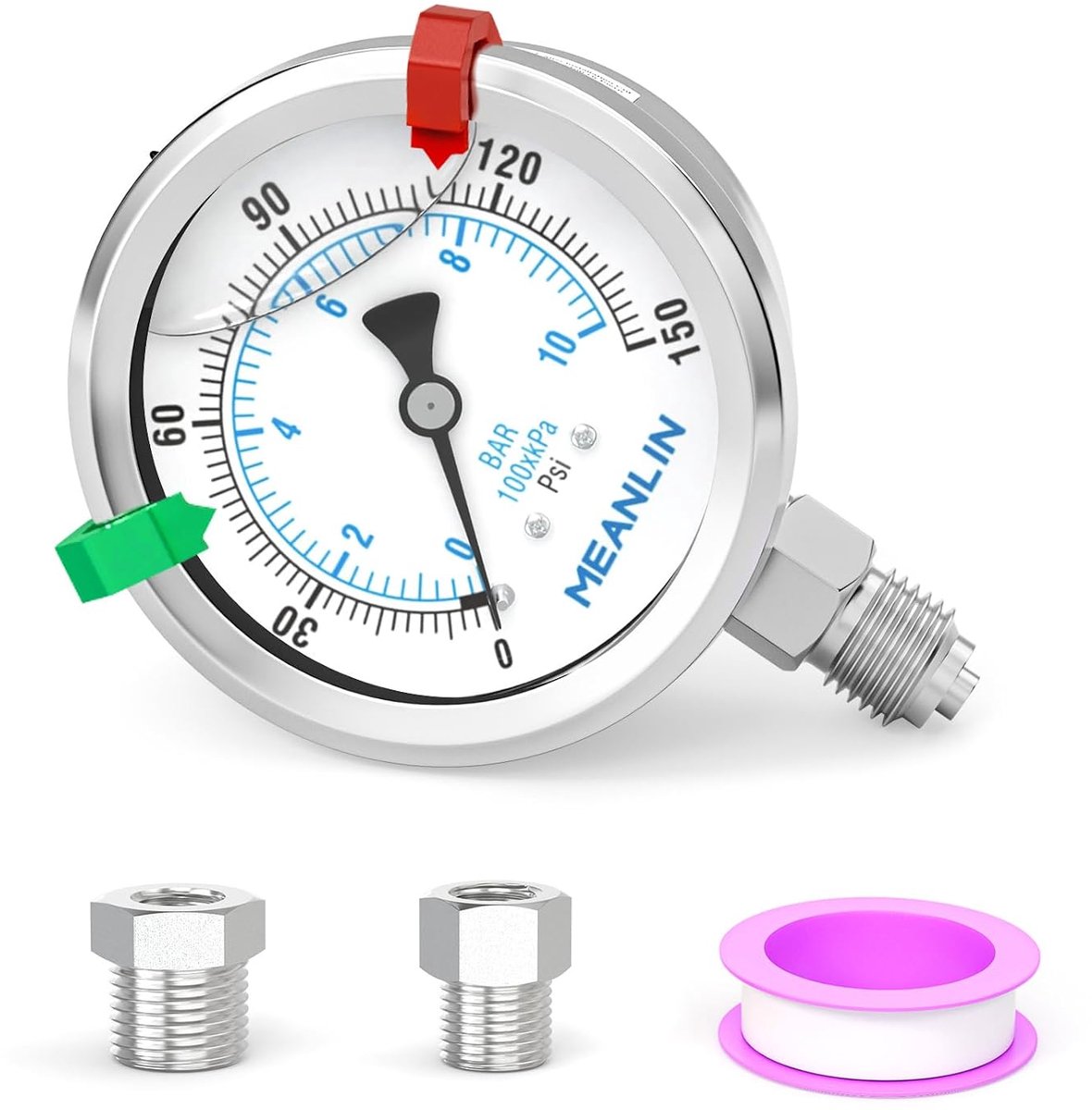 Vloeistof gevulde manometer 0~10Bar/0~150Psi - Roestvrij staal 316 - Onderste montage - Nauwkeurige drukmeting - ShopVlot
