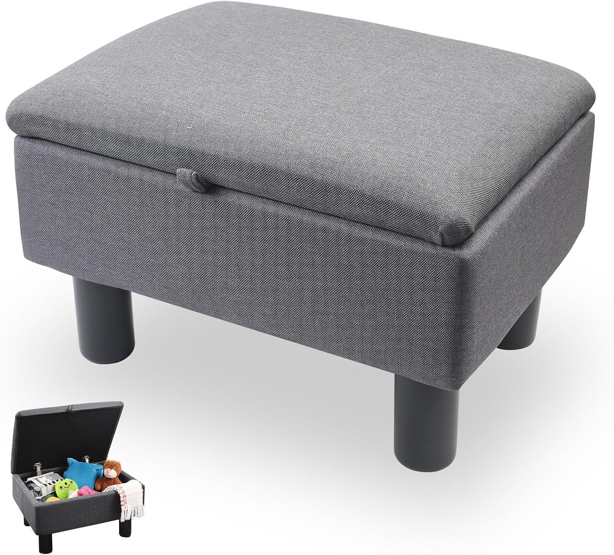 Voetenbank met opbergruimte - Linnen pouf - Houten poten - Ideaal voor de woonkamer - ShopVlot