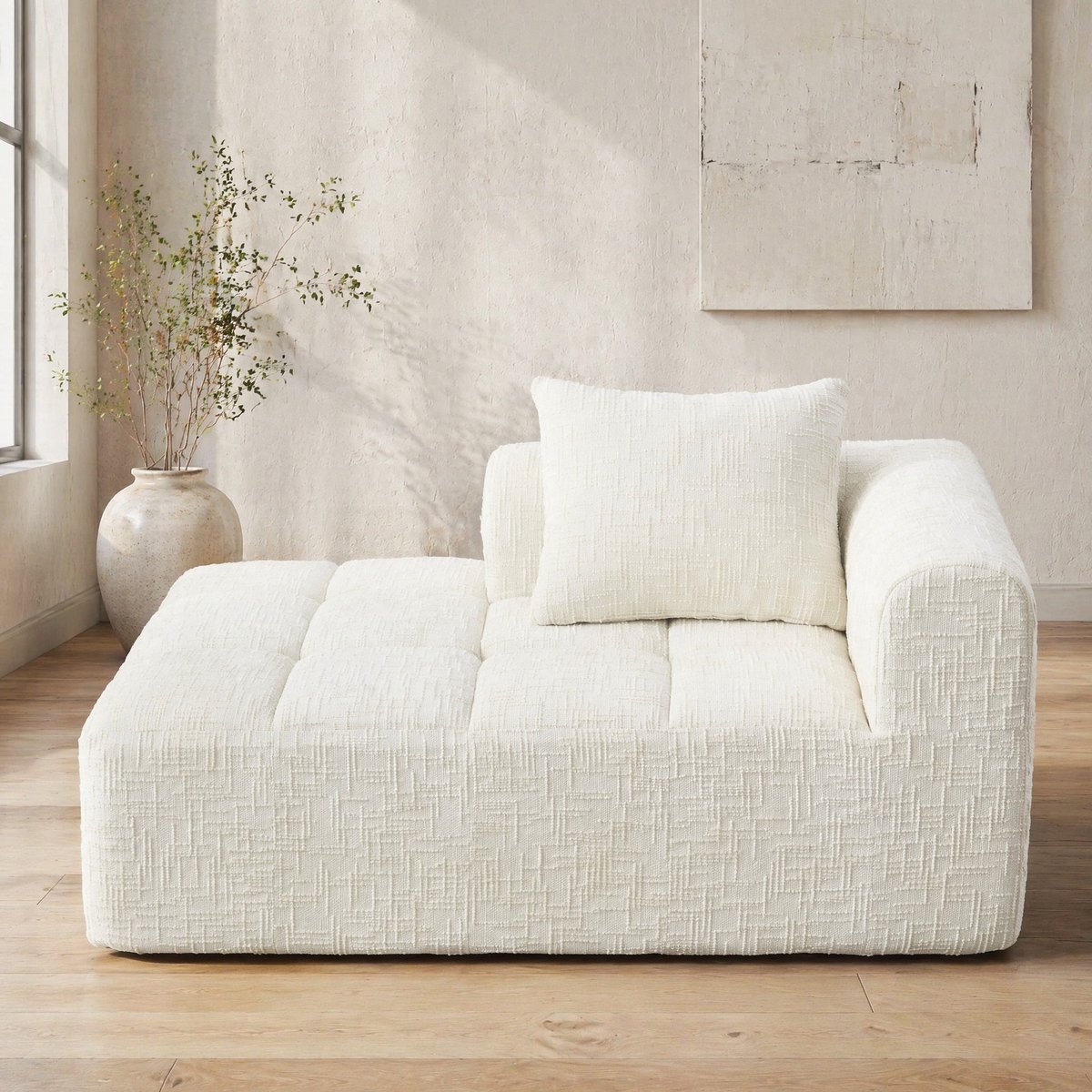 MEUNIQ chaise longue 158 x 90 x 60 cm, 1-zits, met kussen, zijvakken en rechter armleuning, zonder montage, voor woonkamer of slaapkamer, beige