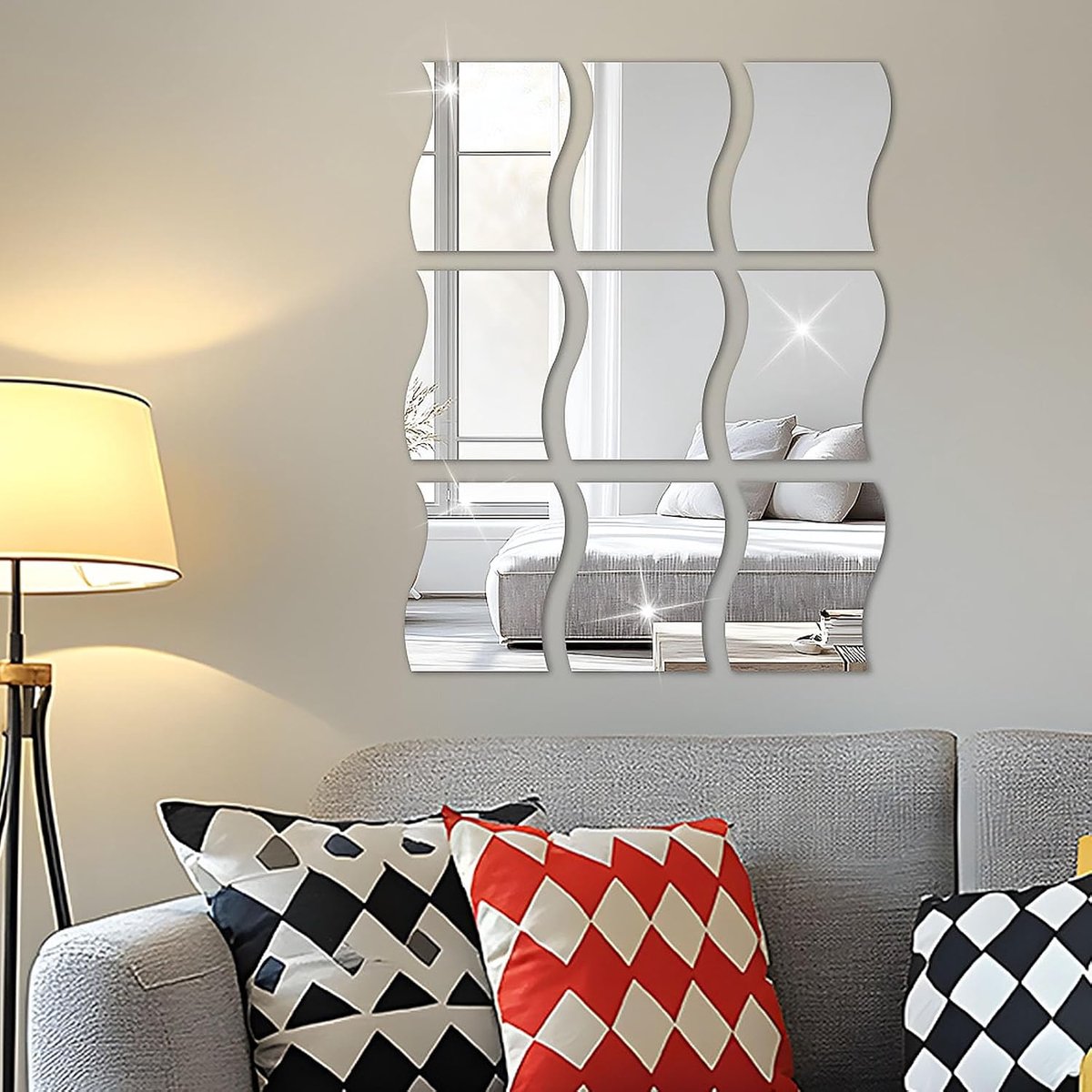 Zelfklevende muurstickers 3D diamanten spiegel - acryl golfspiegel stickers - decoratief voor slaapkamer - ShopVlot